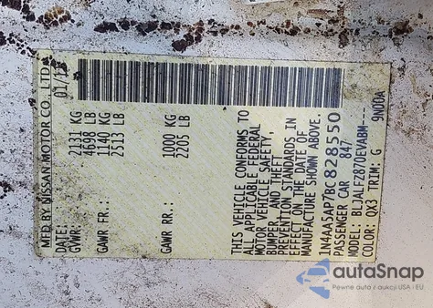 2011 Nissan Maxima 3.5 Sv z USA, uszkodzony, nr VIN 1N4AA5AP7BC828550